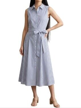 TOMMY HILFIGER Sleeveless Blue and White Striped Shirt Dress with Tie Waist NWT